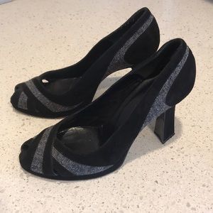Richard Tyler Black Suede & Tweed Peep-toe Heels